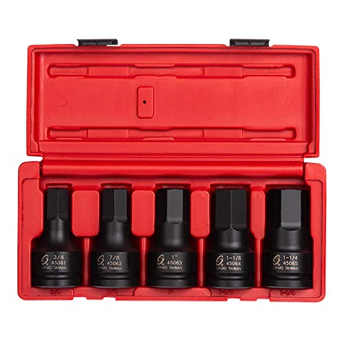 Sunex 4506, 3/4 Inch Drive Impact Hex Driver Set, 5-Pieces, SAE, 3/4" - 1-1/4", Cr-Mo Steel, Solid One Piece Construction, Dual Size Markings, Heavy Duty Storage Case