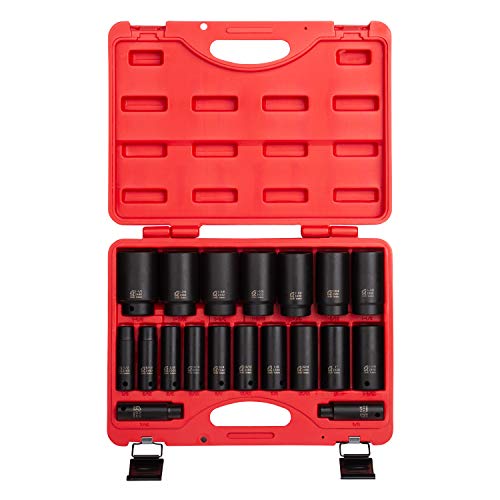 Sunex 2641, 1/2 Inch Drive Deep Impact Socket Set, 19-Piece, SAE, 3/8" - 1-1/2", Cr-Mo Alloy Steel, Radius Corner Design, Dual Size Markings, Heavy Duty Storage Case