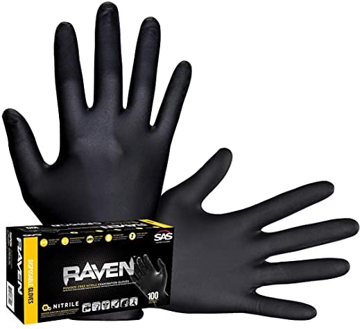 SAS Safety 66518 Raven Powder-Free Disposable Black Nitrile 6 Mil Gloves, Large, 100 Gloves by Weight