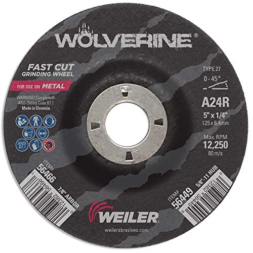 Weiler 56466 5" X 1/4" Wolverine Type 27 Grinding Wheel, A24R, 7/8" A.H.