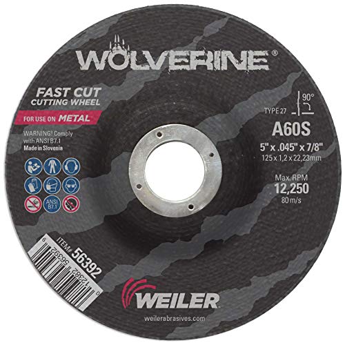 Weiler 56392 Wolverine 7/8" Arbor, 0.045" Thickness, 5" Diameter, A60V Grit, Type 27 Thin Cutting Wheel