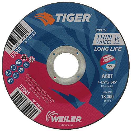 Weiler 57041 4-1/2" x 0.045" Tiger Type 27 Thin Cutting Wheel, A60T, 7/8" A.H. (Pack of 25)