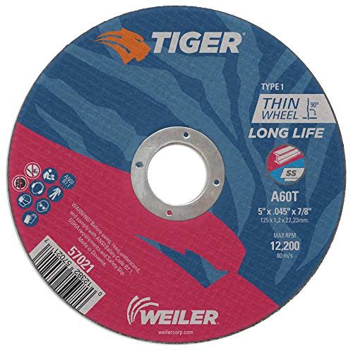 Weiler 57021 5" x 0.045" Tiger Type 1 Thin Cutting Wheel, A60T, 7/8" A.H. (Pack of 25)