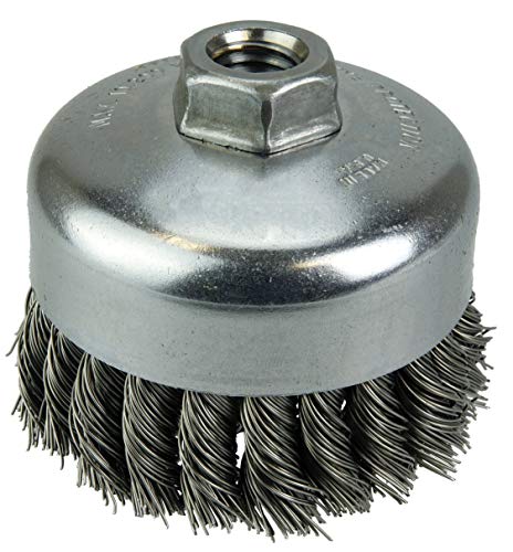 Weiler Wire Cup Brush, Threaded Hole, Steel, Partial Twist Knotted, Single Row, 4" Diameter, 0.014" Wire Diameter, 5/8"-11 Arbor, 1-1/4" Bristle Length, 9000 RPM (Pack of 1)