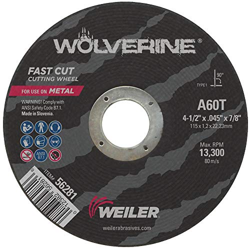 Weiler 56281 Wolverine 7/8" Arbor, 0.045" Thickness, 4 1/2" Diameter, A60T Grit, Type 1 Small Cut Off Wheel