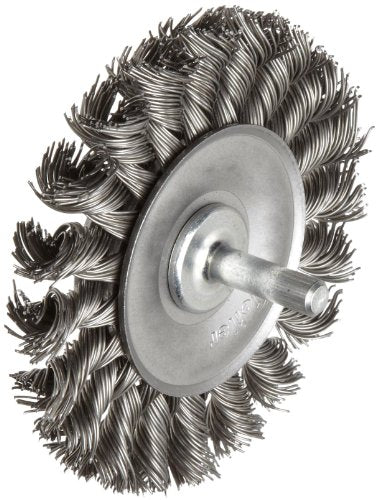 Weiler Standard Wire Wheel Brush, Round Shank, Steel, Partial Twist Knotted, 3-1/4" Diameter, 0.020" Wire Diameter, 1/4" Shank, 5/8" Bristle Length, 3/8" Brush Face Width, 25000 RPM