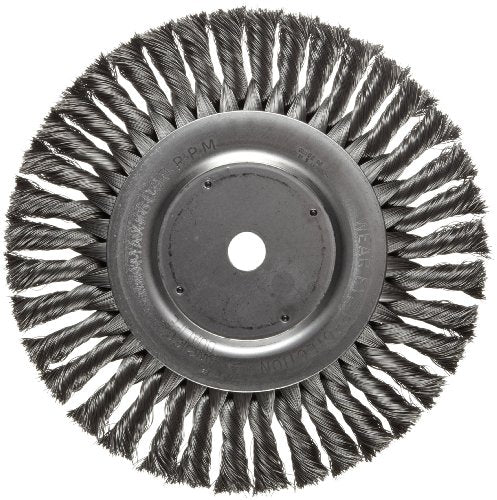 Weiler Dualife Standard Wire Wheel Brush, Round Hole, Steel, Partial Twist Knotted, 8" Diameter, 0.014" Wire Diameter, 5/8" Arbor, 1-5/8" Bristle Length, 5/8" Brush Face Width, 6000 RPM