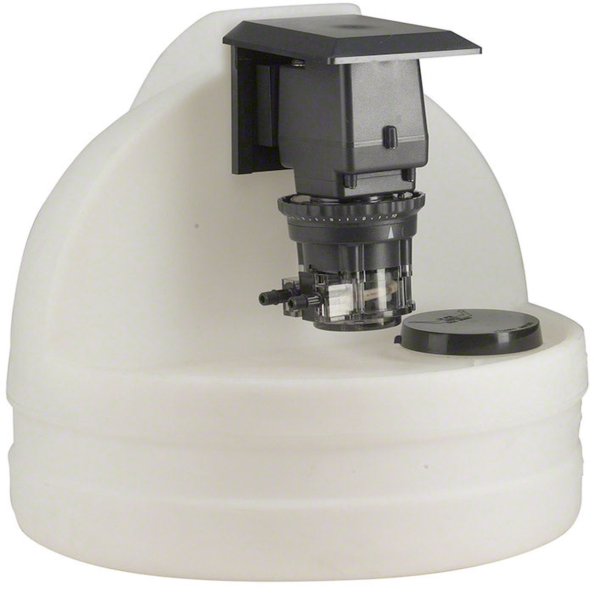 7.5 Gallon White Chemical Tank With 45MP3 Model Fixed Pump - 25 PSI 22 GPD 120 Volt - 3/8 Inch UV Tubing