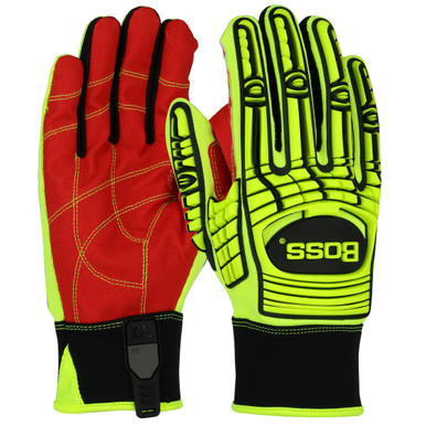 Boss Oil & Gas, Red Pvc Palm Grip, Hv Yellow L2 Impact Tpr, Slip-On A2 Slip-Cuff - Size L, Hi-Vis Yellow, Hi Performance Glove, 1 Pair 120-MP2120/L