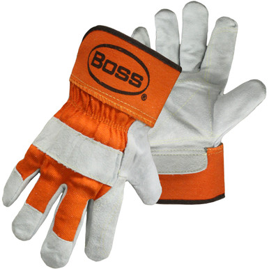 Boss, Split Cowhide Double Leather Palm, Orange Fabric Back/Rubber Saf Cuff, S - Size Small, Orange 1 Pair - Split Leather Palm 1JL2393S