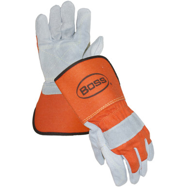 Boss, Split Cowhide Double Leather Palm, Orange Fabric Back/Rub Gauntlet Cuff XL - Size XL, Orange 1 Pair - Split Leather Palm 1JL2394X