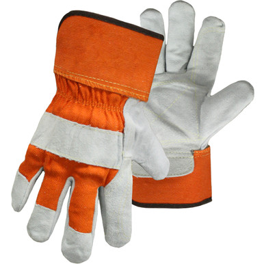 Split Cowhide Double Leather Palm, Orange Fabric Back/Rubber Safety Cuff, M - Size M, Orange 1 Pair - Split Leather Palm 1JL2395M