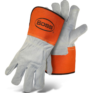 Boss, Split Cow Double Leather Palm, Leather Back, Orange Rubber Gauntlet Cuff L - Size L, Orange 1 Pair - Split Leather Palm 1JL2396L
