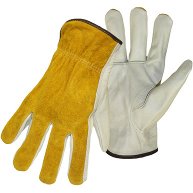 Split Cowhide Leather Drivers, Regular Grade, Gold Back, Keystone Thumb - Size 2XL, Gold 1 Pair - Unlined Leather Driver's Gloves 1JL90622X