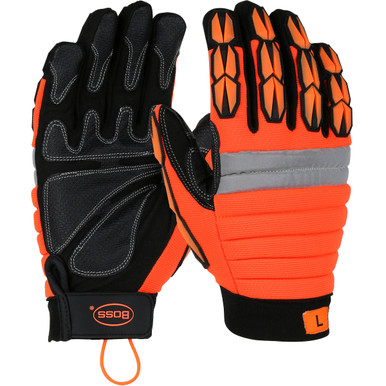 Boss Miners Mechanic, HV Orange, Syn Leather Patch Palm, Padded Back/TPR, 2XL - Size 2XL, Hi-Vis Orange 1 Pair - All Purpose Work Gloves 1JM5002X