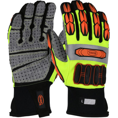 Boss Impact, HV Yellow, Syn Leather Palm w/ PVC Dots, Padded Back/TPR, M - Size M, Hi-Vis Yellow 1 Pair - Oil & Gas Gloves 1JM600M