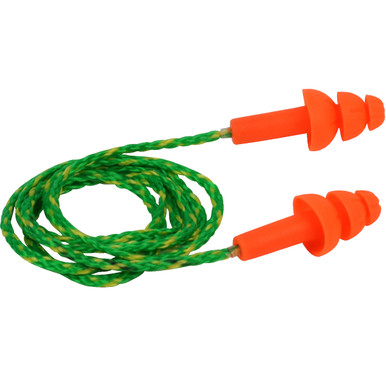 3-Flange Ear Plugs, Corded, 25 NRR, Orande TPE w/ Textile Cord, 100/Box - Multiple-Use Ear Plugs OS Orange - 1 Box 267-HPR310C