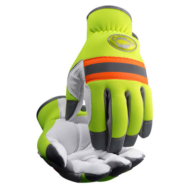 Leather Padded Palm, Hi-Vis Back, Slip-On Cuff - Size L, Hi-Vis Yellow, Hi Performance Glove, 1 Pair 2908-5