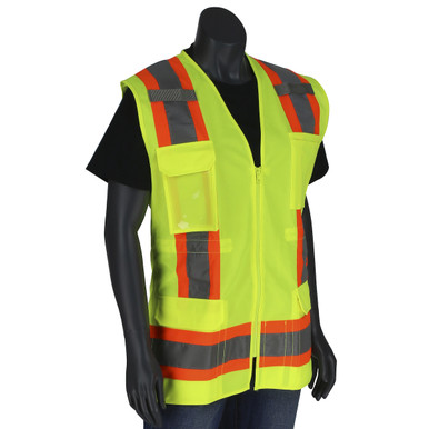 Type R Class 2 Women'S Solid Front Mesh Back Surveyors Vest, Mic Tabs, Zipper - Size XL, Hi-Vis Yellow, Hi-Vis Apparel, 1 Unit 302-0512-LY/XL
