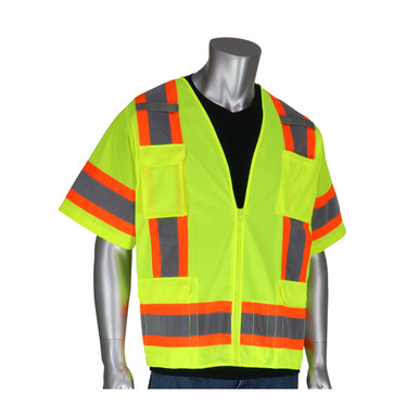 Class 3 Solid/Mesh Vest, Zipper, 11 Pockets, Mic Tab, Two Tone Tape, LY - Size 6XL, Hi-Vis Yellow- Hi-Visibility Vest 303-0500-LY/6X
