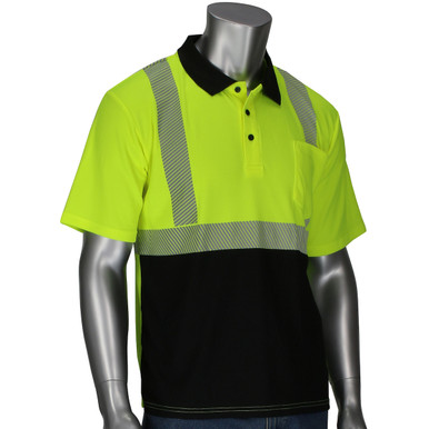R2 Hi Vis Black Bottom Polo W/Performance Wicking Fabric, Segmented Tape - Size M, Hi-Vis Yellow, Hi-Vis Apparel, 1 Unit 312-1610B-LY/M