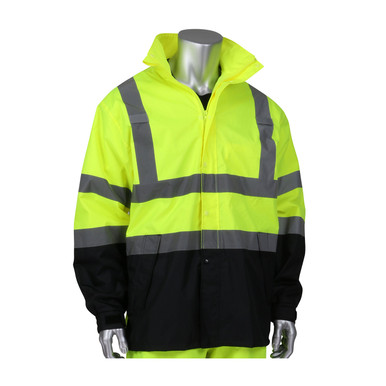 R3 Ripstop Black Bottom Rain Jacket 3 Pockets,Adj.Hood,Mic Tabs, Zipper - Size S-M, Hi-Vis Yellow- Hi-Visibility Polyester/PU 353-1200LY-S/M