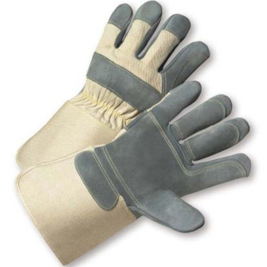 Split Cowhide Double Palm, Patch on Fingers, Canvas Back, Gauntlet Cuff - Size XL, Natural 1 Dozen - Split Leather Palm 800DP-AA/XL