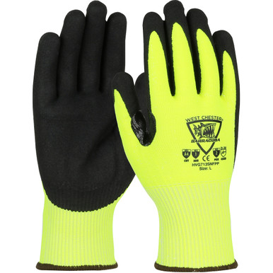 Barracuda, 13G HV Lime, Nitrile Sandy Grip, Padded Palm, RTC, A4 - Size L, Hi-Vis Yellow 1 Dozen - Gloves with PolyKor Fiber HVG713SNFPP/L