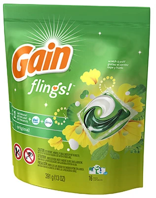 Gain Flings Liquid Washing Detergent pacs, Now with Odor Defense + Color Guard, Original Scent, 15 Count, 4-In-1 liquid laundry detergent pacs (Oxi, up to all day scent, Febreze Odor Defense and color guard), clean & fresh