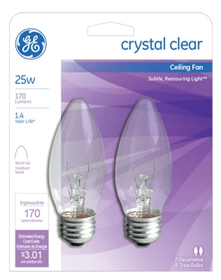 Ceiling Fan Light Bulbs, Clear Torpedo, 25 Watt, 2-Pk.