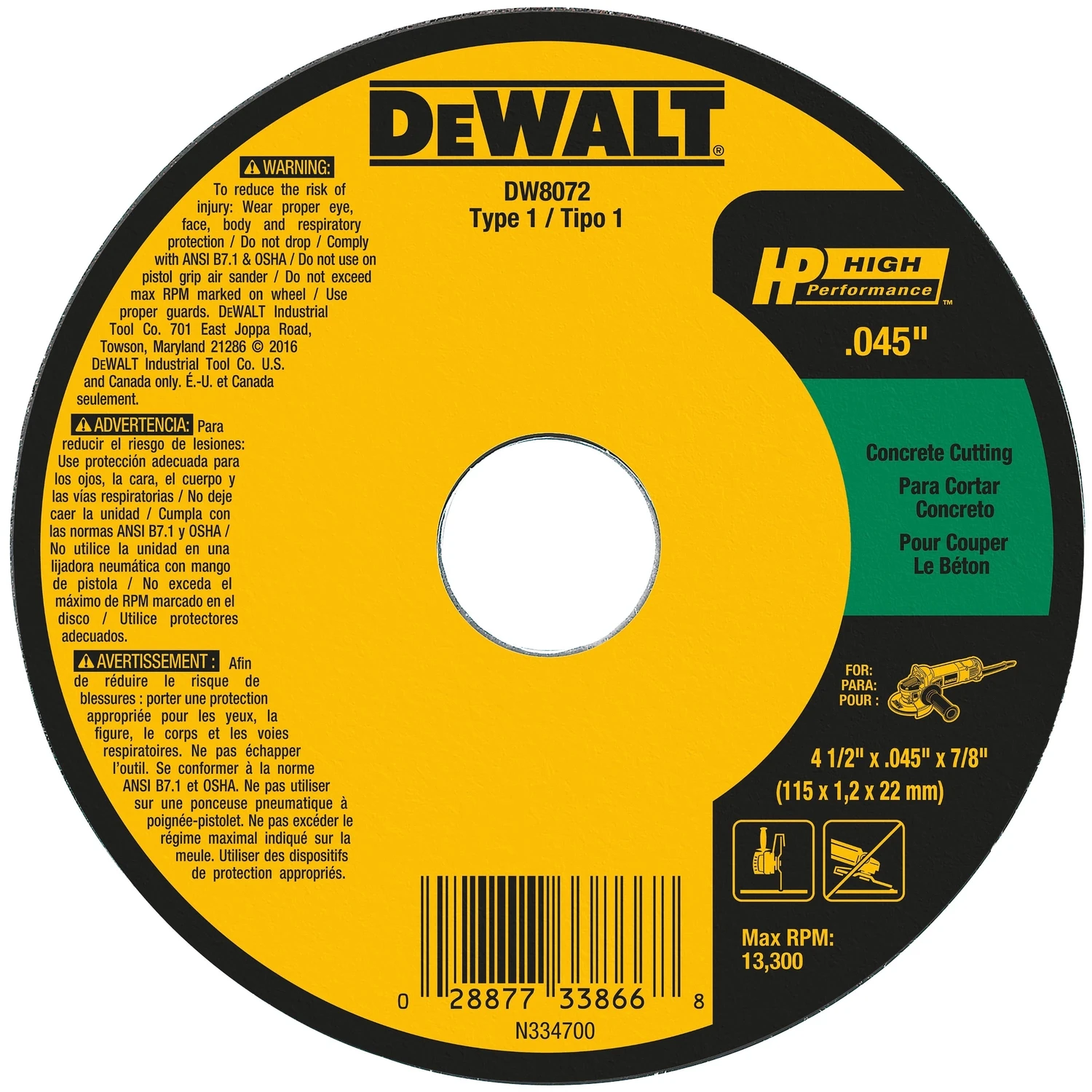 Concrete/Masonry Cutting Wheel, .045 x 7/8 x 4.5 In.