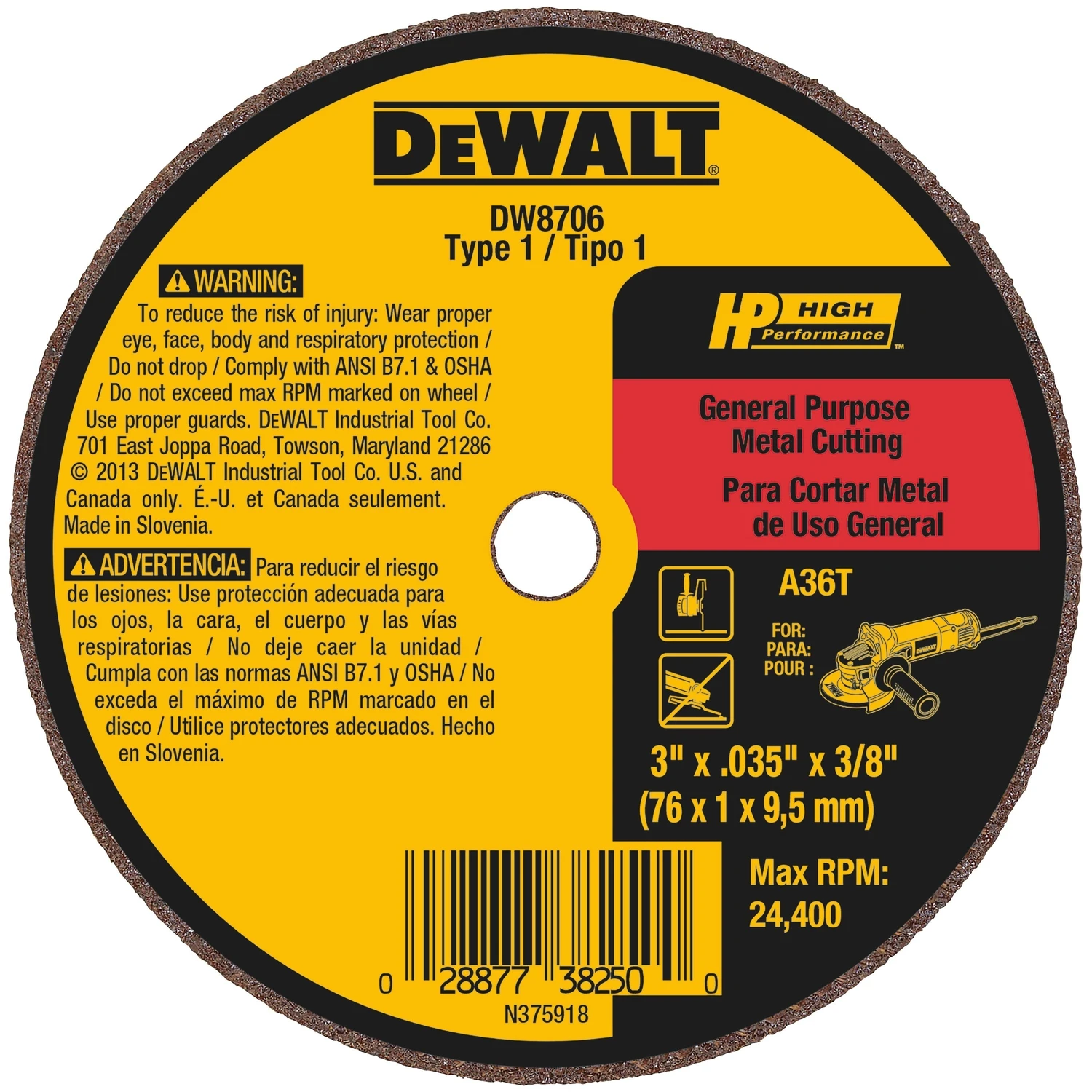 Small Diameter Cutoff Wheel, 3/8 x .035 x 3 In.