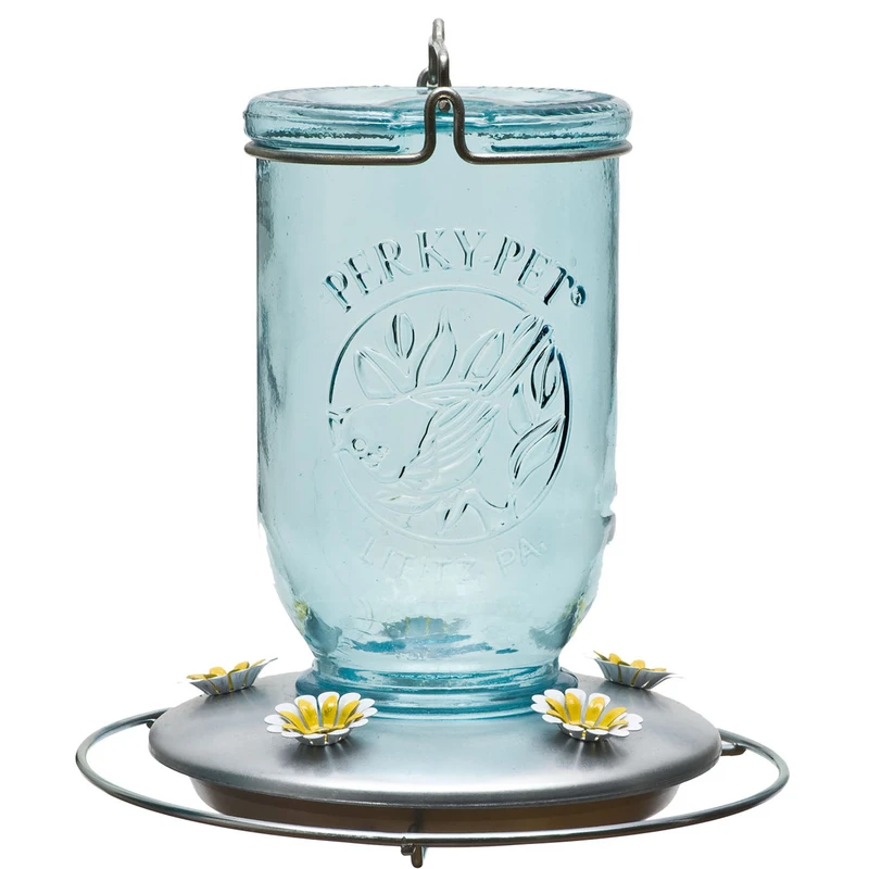 Hummingbird Feeder, Antique Blue Mason Jar