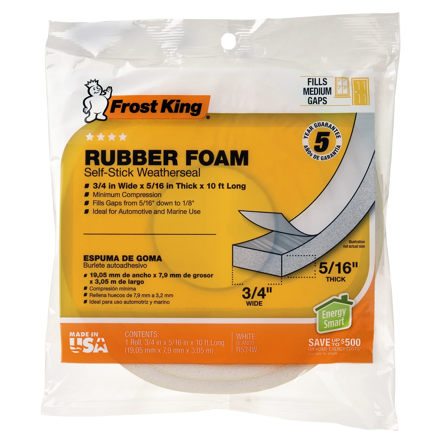 Rubber Foam Weatherseal Tape, 3/4W x 5/16 In. T x 10 Ft.