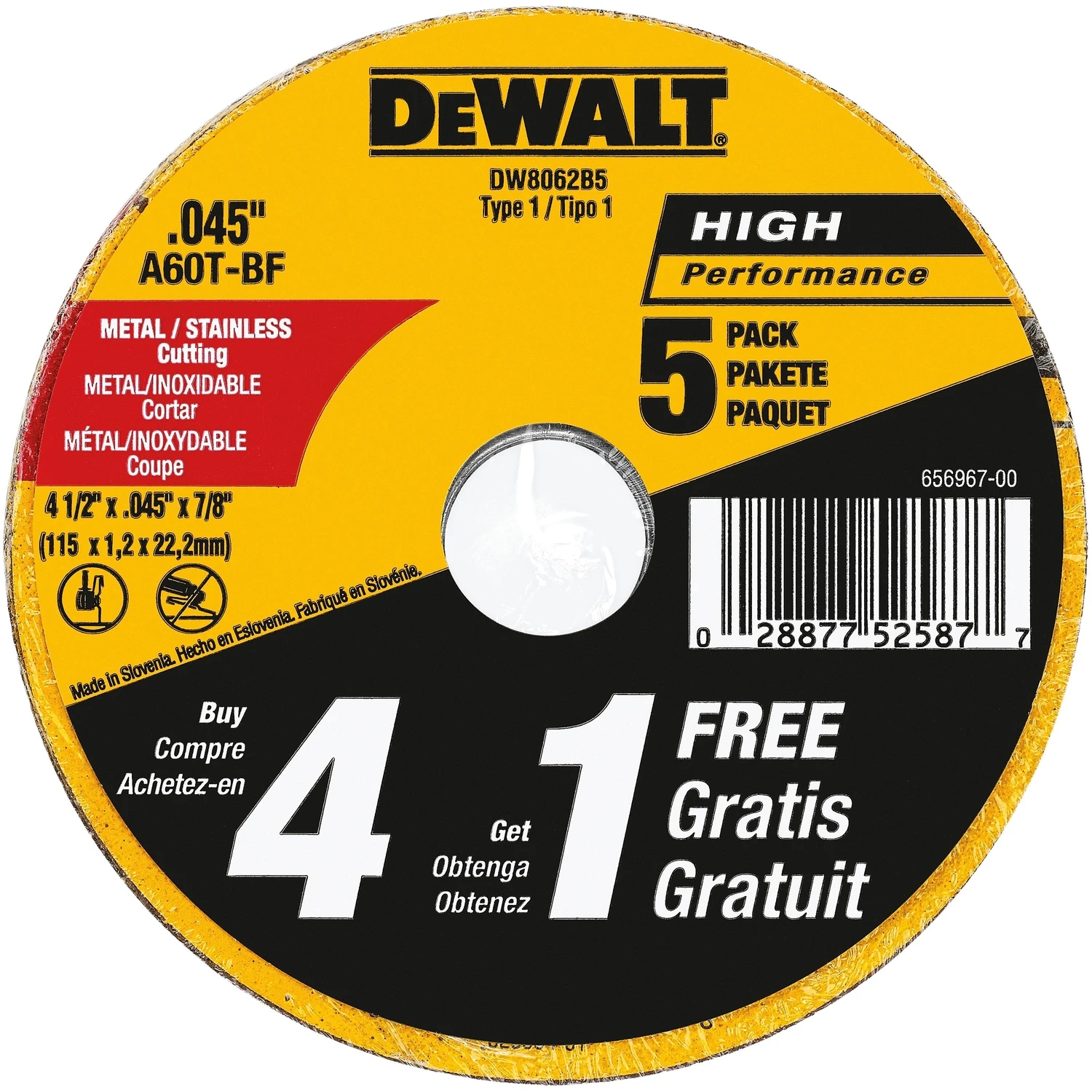 Metal/Stainless Cutting Wheel, .045 x 4.5 In., 5-Pk.