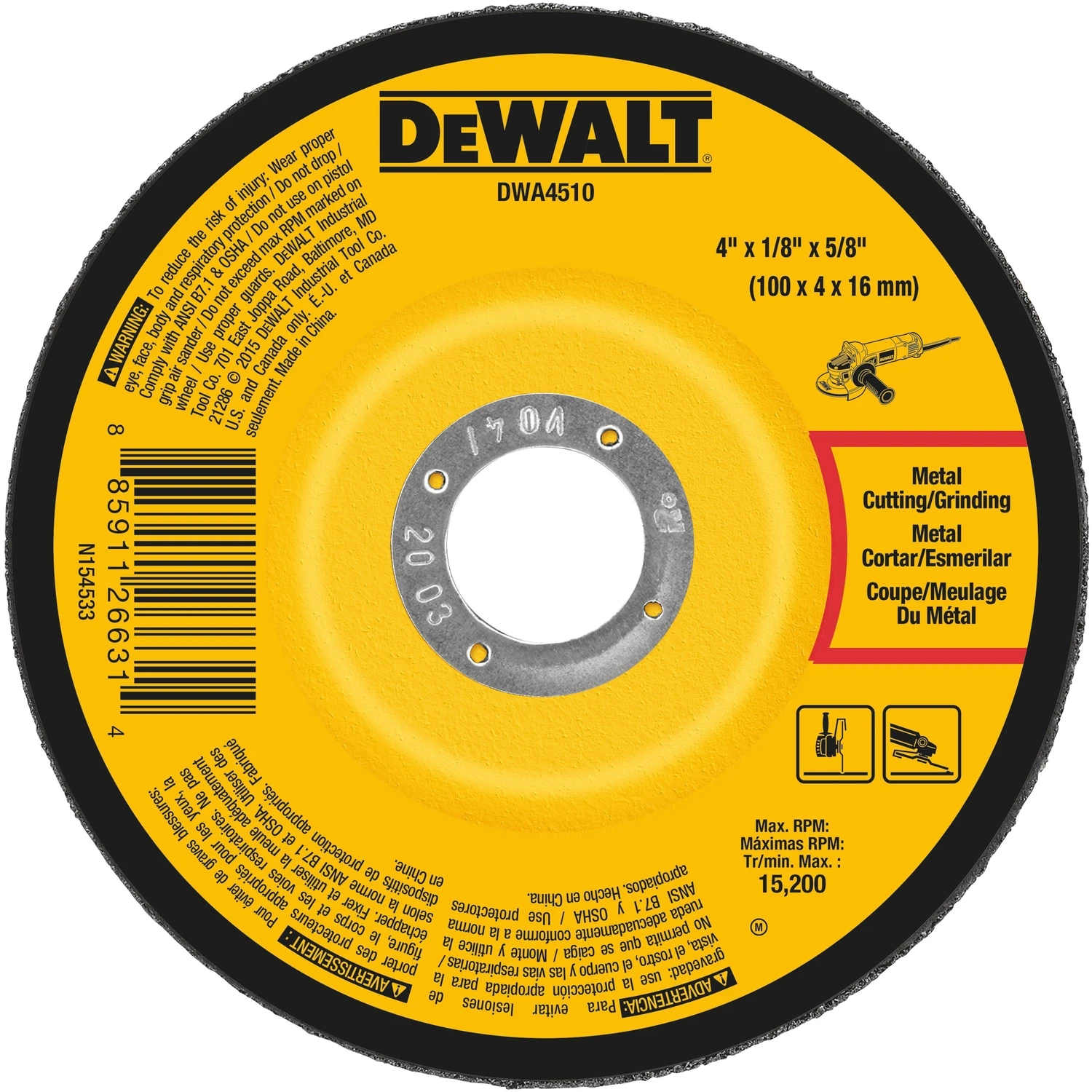 Metal Grinding Wheel, 1/8 x 5/8 x 4 In.