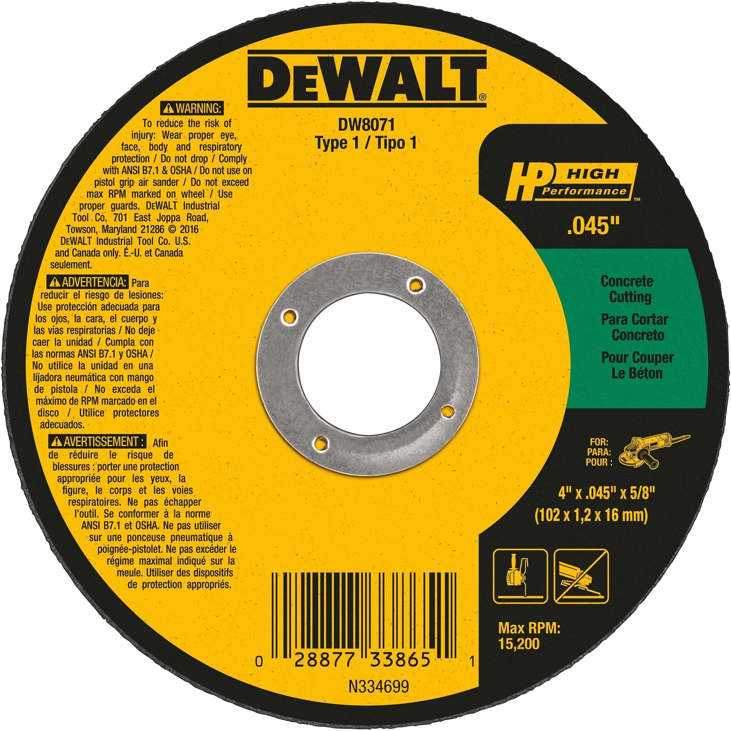 Concrete/Masonry Cutting Wheel, .045 x 5/8 x 4 In.
