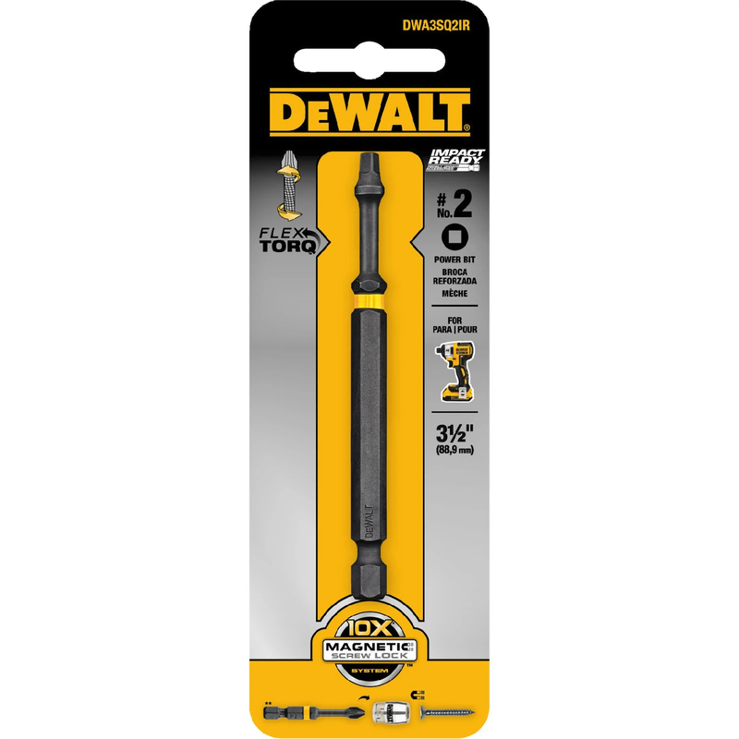 FlexTorq #2 Square/Robertson Impact Driver Bit, 1/4 x 3-1/2 In.