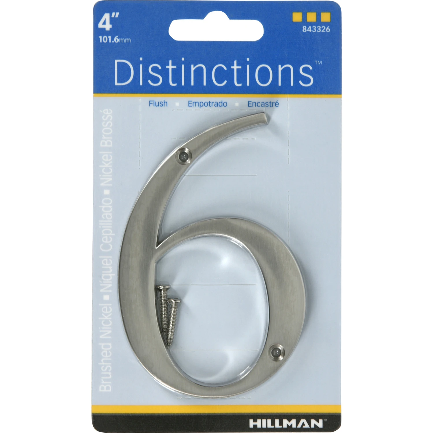 Distinctions House Address Number 6, Screw-In, Brushed Nickel Zinc, 4-In.