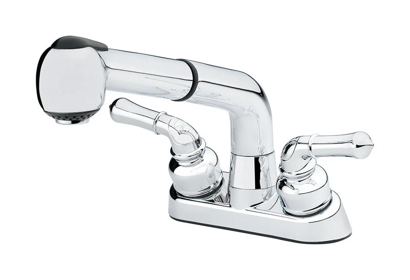 Laundry Faucet, Pullout Spout, 2 Handles, Chrome, 4 In. Centerset