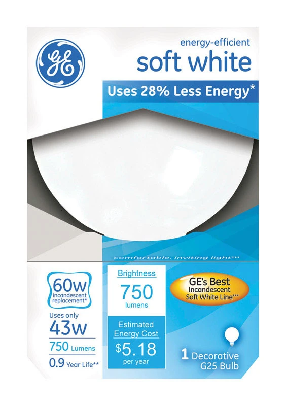 Halogen Globe Light Bulb, G25, White, 750 Lumens, 43-Watts