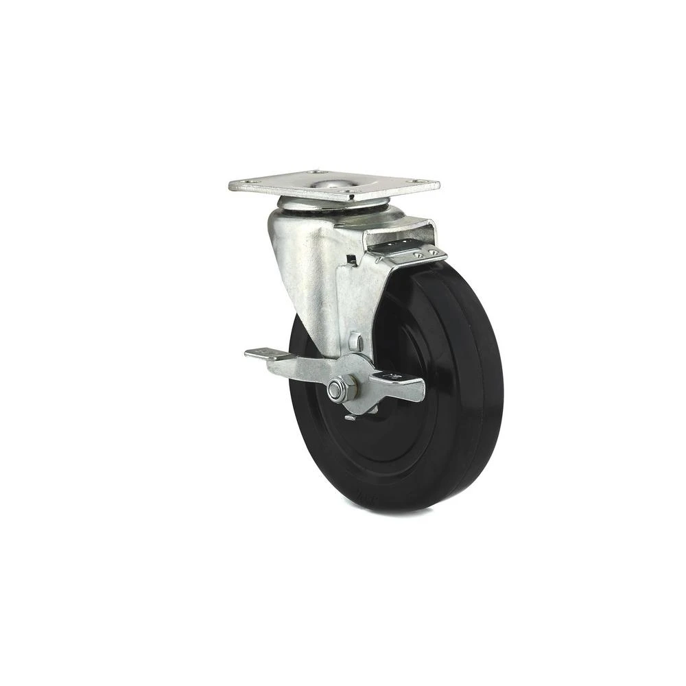 Rubber Wheel Swivel Plate Caster, Side Brake, 5 In.