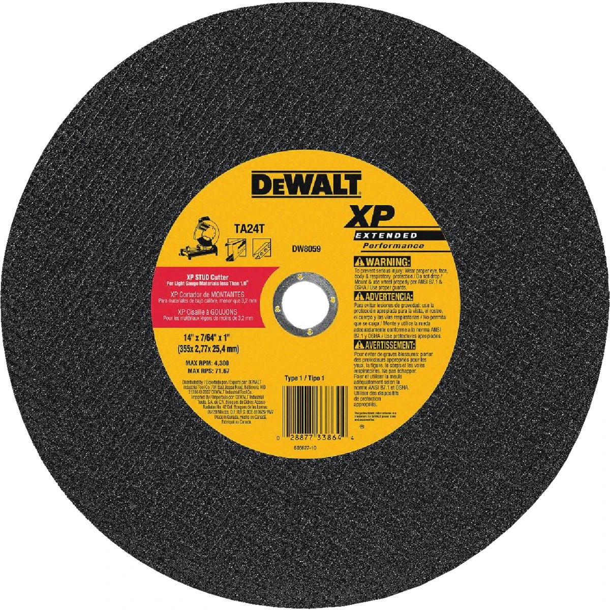 Chop Saw Blade, 1 x 7/64 x 14 In.