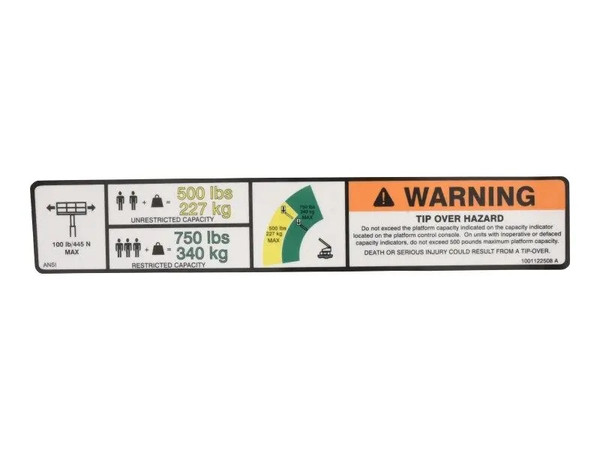 JLG Part # 1001122508 | DECAL,WARNING DUAL CAP., EA