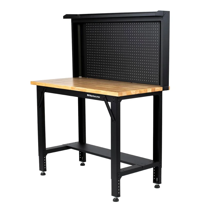 Montezuma MWB482454B | 4 ft. Adjustable Height Steel Workbench with Pegboard Back Wall