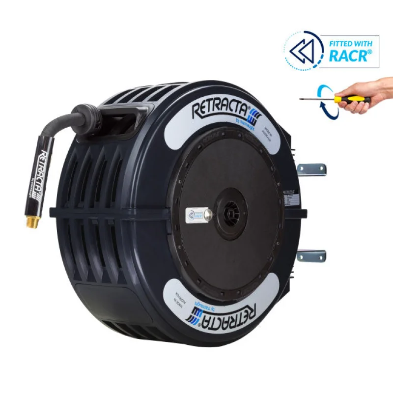 R3 Engineered Thermoplastic Heavy Duty Hose Reel Oil Service 1/2 inch x 50 ft 800 PSIRACR Adjustable ControlBlack Case / Black Hose | OMPC450K-02